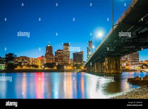 Downtown Portland Oregon Skyline At Night In Usa Stock Photo Alamy