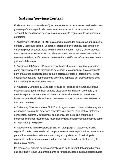 Resumen Sistema Nervioso Central Resúmenes de Anatomía Docsity