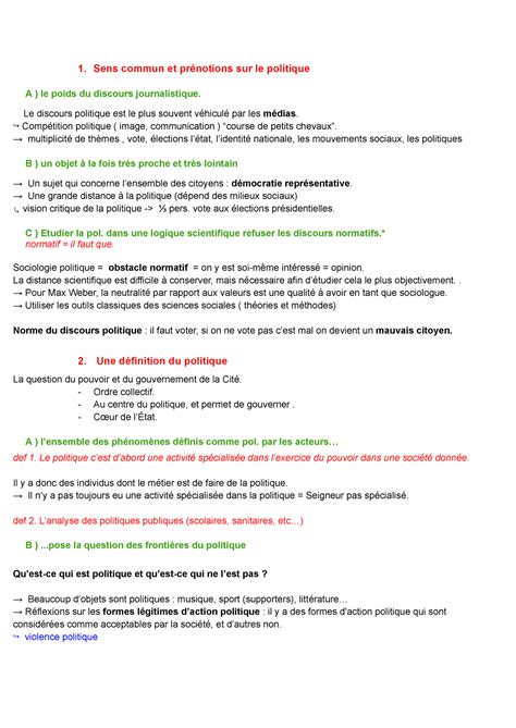 CM Socio Politique 1 Sens commun et prénotions sur le politique A