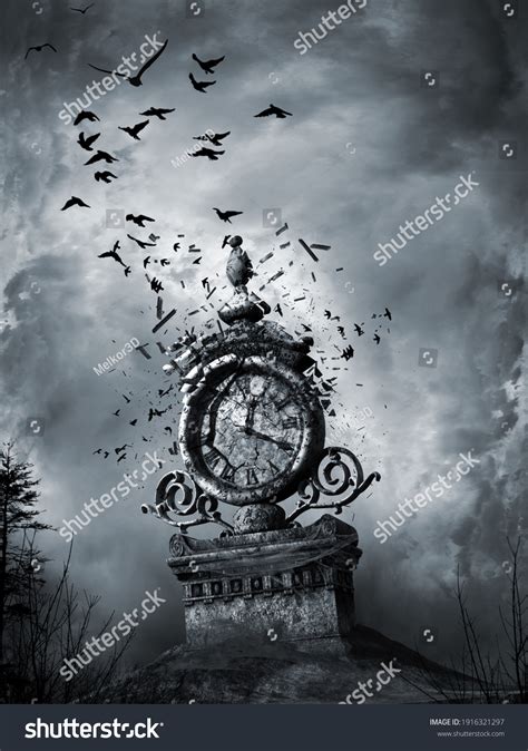 Surrealistic Scene Old Clock Black Birds Stock Illustration 1916321297 ...