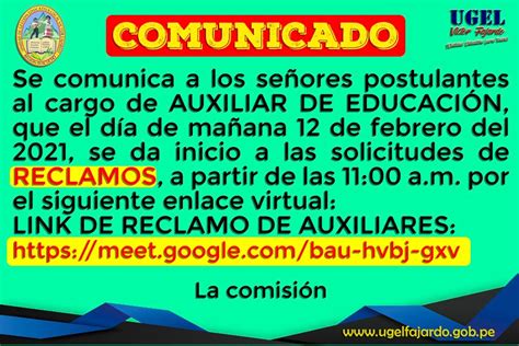 ugelfajardo gob pe COMUNICADO PARA AUXILIAR DE EDUCACIÓN