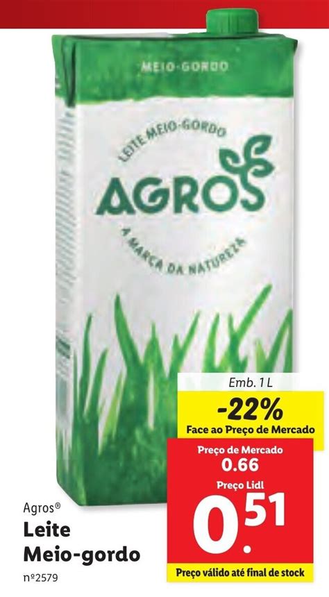 Promoção Agros Leite Meio gordo 1L em Lidl