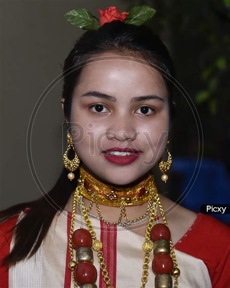 Image Of Assamese Woman In Traditional Assam Clothes During Bihu