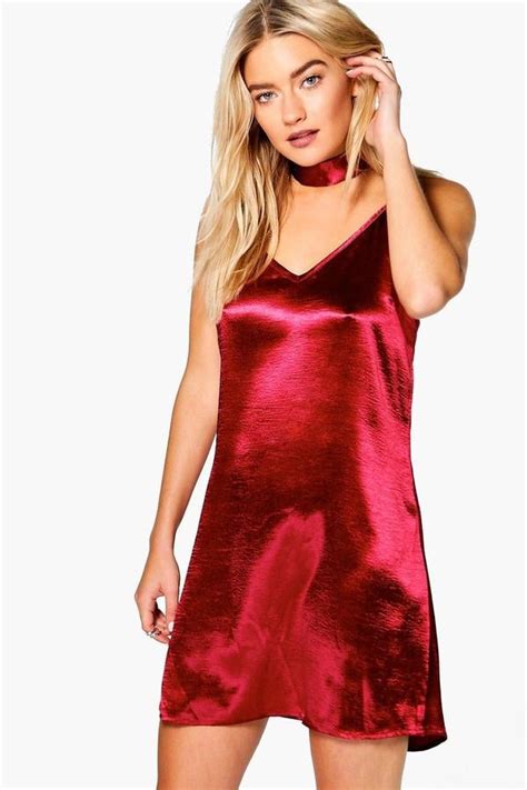 Boohoo Ava Tie Neck Satin Slip Dress Sexy Red Dress Popsugar