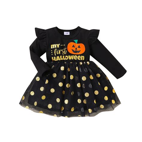 9m 4y Halloween Pumpkin Black Flying Long Sleeve Gold Doc Lace Girl