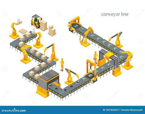 Automatic Factory With Conveyor Line And Robotic Arms Assembly Process