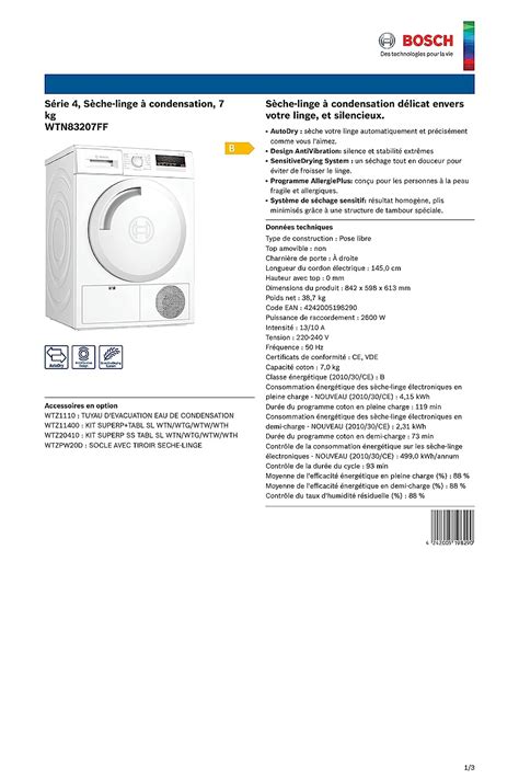 Bosch Wtn83207ff Série 4 Sèche Linge à Condensation 7kg 112 L Design Antivibration