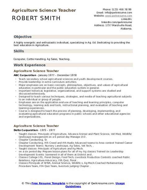 Agriculture Science Teacher Resume Samples Qwikresume