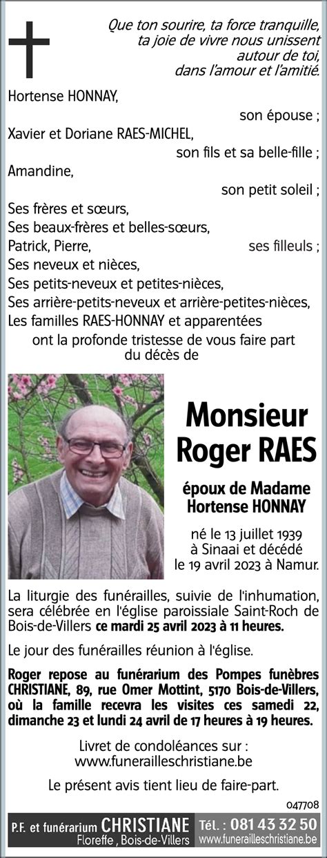 Avis de décès de Roger RAES décédé le 15 04 2023 à Namur annonce