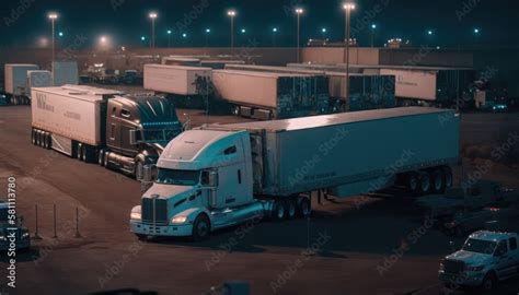 Busy Trailer And Big Rig Parking Lot With Massive Industrial Buildings