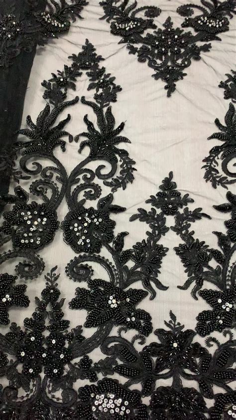 Black Heavy Beaded Lace Fabric Luxury Bridal Beaded Embroidery Lace