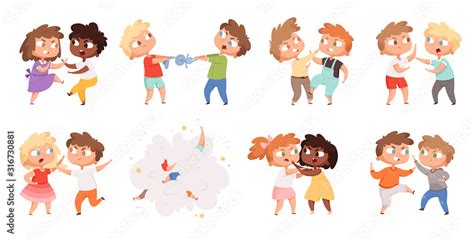 Boys fighting. School bully angry kids punishing in playground vector cartoon characters set ...