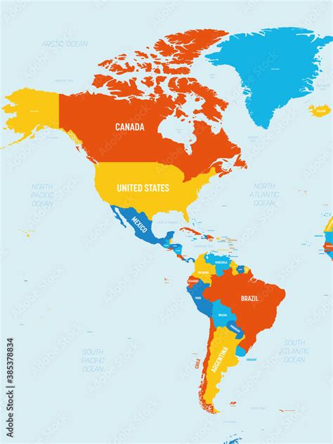 Americas map - 4 bright color scheme. High detailed political map of North and South America ...