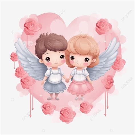 Happy Valentines Day Cute Cupids On Cloud Hearts Love Flowers Romantic