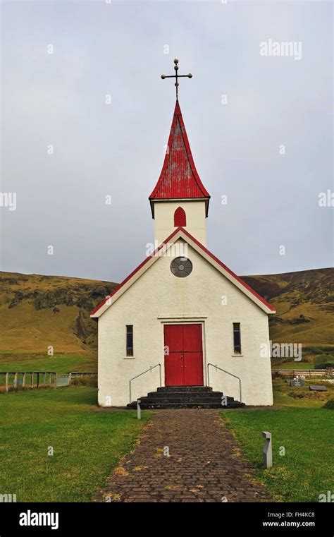 Old Red Wooden Lutheran Church Near Vik Beach Reynisfjara Iceland