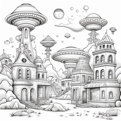 A black and white drawing of a futuristic city with a lot of buildings ...