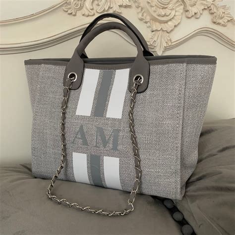 Monogram Tote Bag Canvas Customised Grey Chain Handbag Etsy Uk Personalized Tote Bags