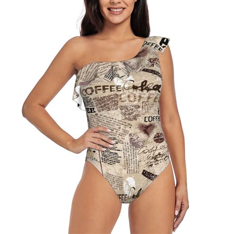 Fotbe Abstract Coffee Pattern With Letters Womens One Piece Swimsuits One Shoulder Swimwear