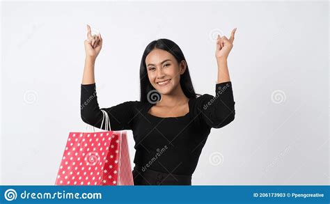 Woman Shopping Portrait Of Beautiful Girl Holding Shopping Bags Stock