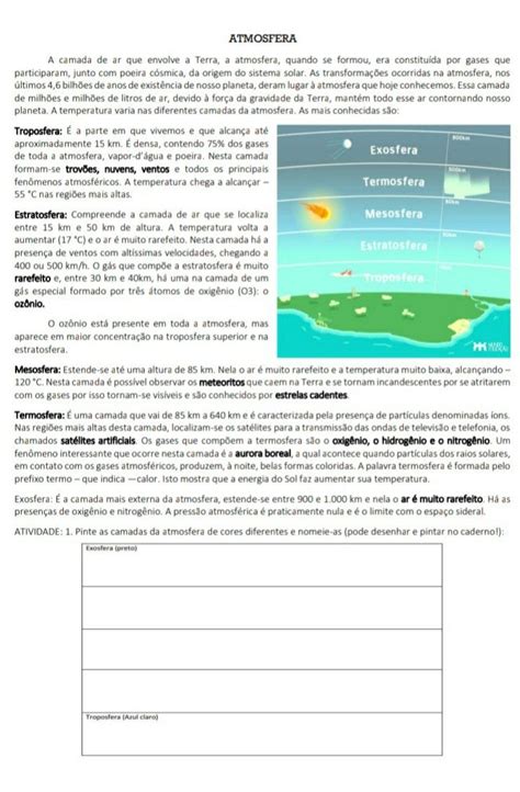 Atmosfera 7ano ciências Camadas da atmosfera Atividades de ciência