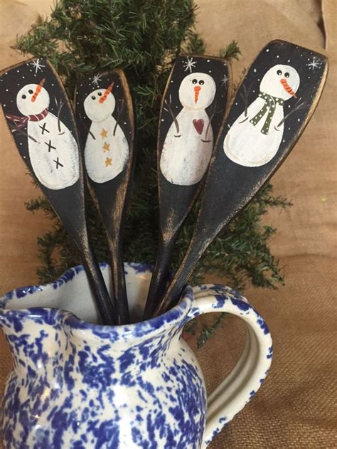 4 Primitive Country Christmas Snowmen Square Wooden Utensil Jar Crock