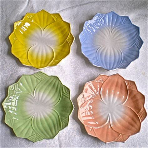 Milk Glass Vintage Colored Flower Plates Collection Of 4