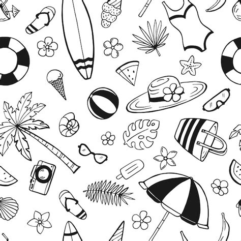 Premium Vector Seamless Pattern With Summer Beach Set Hand Drawn