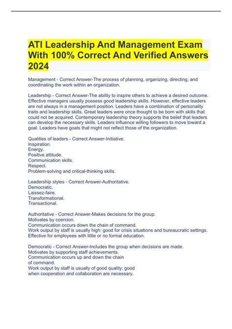 ATI Leadership And Management Exam With 100 Correct And Verified