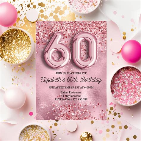 Editable 60th Birthday Invitation Pink Glitter Party Instant Download Foil Template Printable