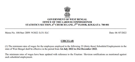 West Bengal Revision In Minimum Wages Effective From 1st July 2022