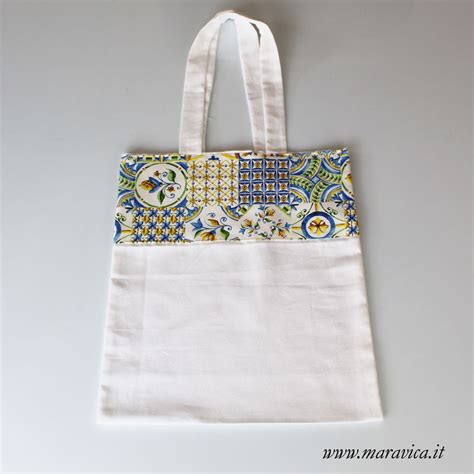 Esclusiva Borsa Shopper Bianca Con Bordo In Stile Maiolica Siciliana