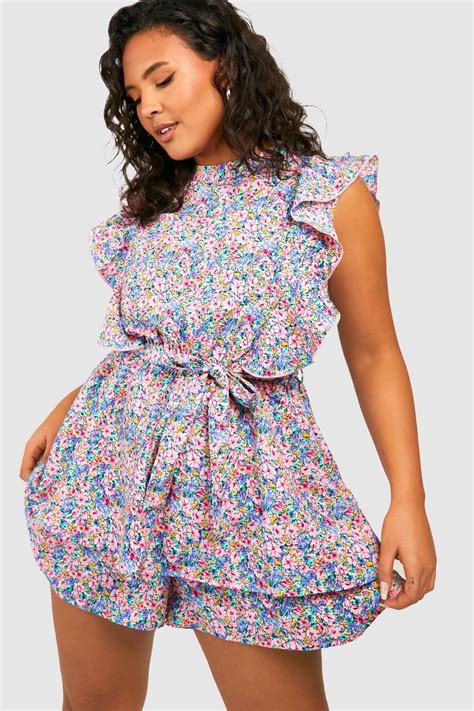 Plus Woven Ditsy Floral Ruffle Romper Boohoo Usa