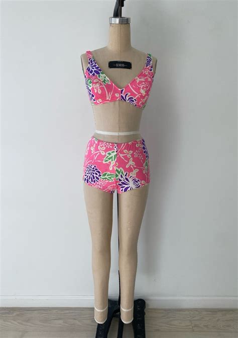 1960s Swimsuit 60s Pink Floral Bikini Small Gem