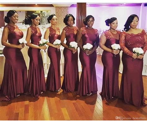 2018 Burgundy Bridesmaid Dresses Long Sheer Jewel Neck Mermaid Maid Of