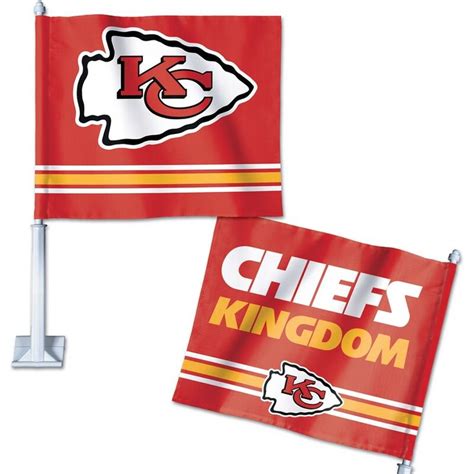 Two Kansas Chiefs Flags With The Word Chiefs Kingdom On Them