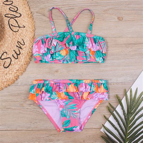 Nrmvnmi Girls Summer Fashion Bikini Split Swimsuit Flower Print Suspender Pcs Ruffled Bikini