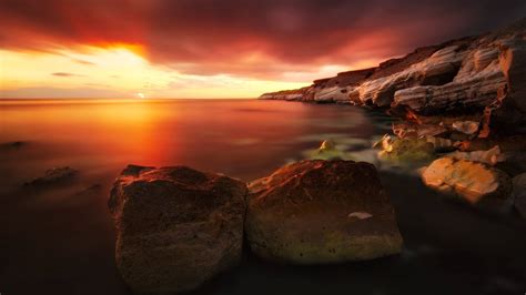 Wallpaper Sunlight Sunset Sea Rock Nature Reflection Sunrise