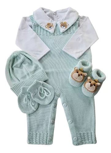 Kit Conjunto Jardineira Linha Luxo Pe As Urso Verde Gua