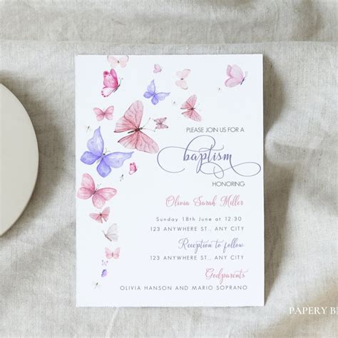 Butterfly Christening Invitation Template Etsy