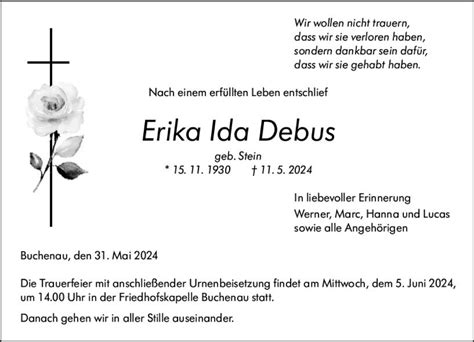 Traueranzeigen Von Erika Ida Debus Vrm Trauer De