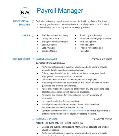 Payroll Manager Resume Example