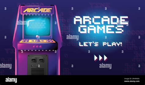 Realistic Arcade Game Horizontal Poster With Ornate 8bit Style Text And View Of Retro Game