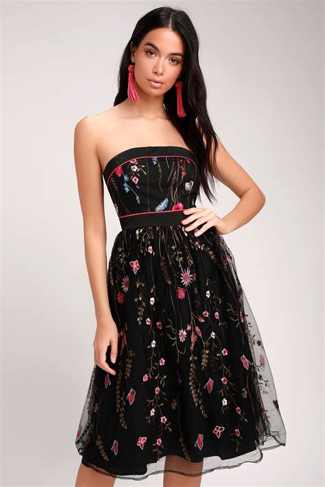 Lovely Black Embroidered Dress Strapless Dress Midi Dress Lulus