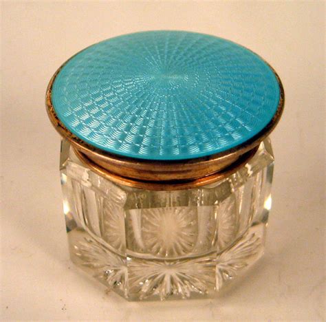 Fine Cut Glass Sterling And Guilloche Enamel Jar Scent Or Inkwell For Sale