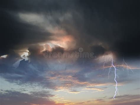 Lightening Dramatic Night Clouds On Blue Sky At Sea Sun Beam Nature