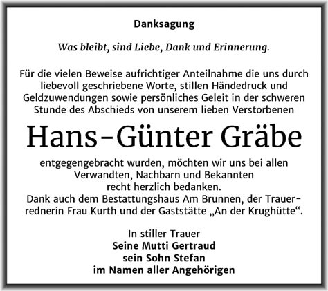 Traueranzeigen Von Hans G Nter Gr Be Abschied Nehmen De