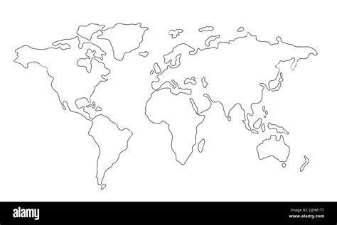 Line Contour Of The World Map Isolated On White Background Hand Drawn