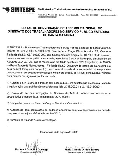 Sintespe Convoca Toda Categoria Para Assembleia Geral Dia Em Frente