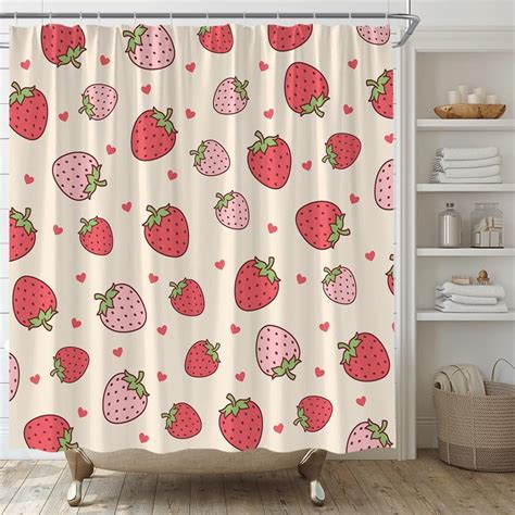 4pcs Strawberry Shower Curtain Set With Rug Cute Fruit Light Pink