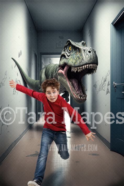 Funny Dinosaur Digital Backdrop T Rex Running In School Hallway